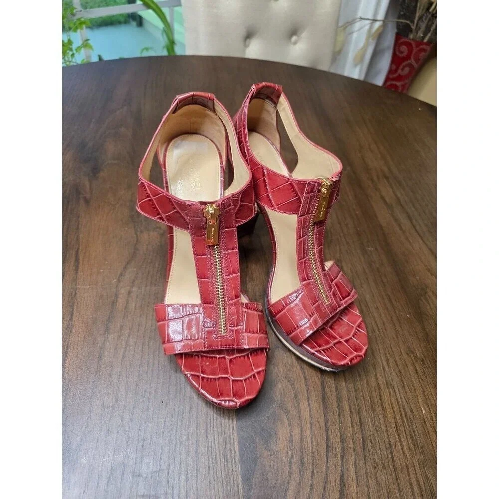 Michael Kors Red Croc Embossed T-Strap High Heel Sandals 9.5M